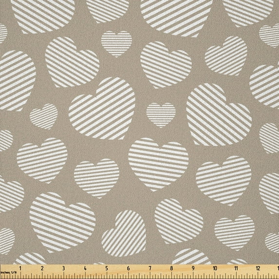 Ambesonne Valentine's Day Fabric by the Yard Microfiber, Striped Hearts Plot, 3 Yards, Dark Eggshell White and Grey