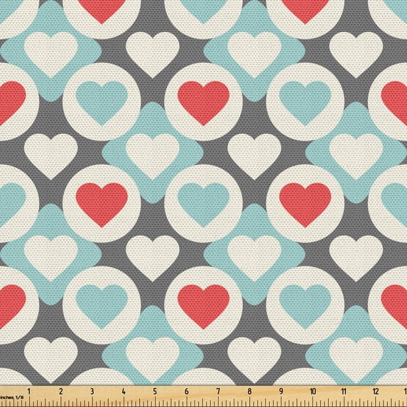 Ambesonne Valentine's Day Fabric by the Yard Upholstery, Circles Hearts Art, 2 Yards, Dark Coral and Pale Seafoam