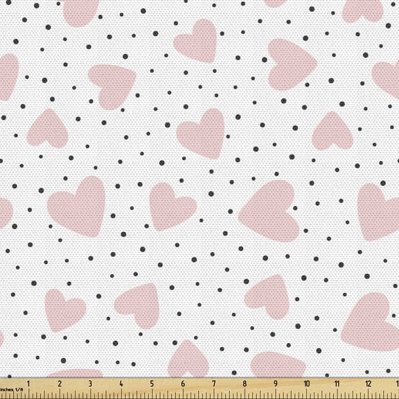 Ambesonne Valentine's Day Fabric by the Yard Upholstery, Dots Hearts Art, 1 Yard, Rose and Charcoal Grey