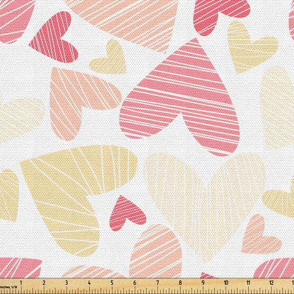 Ambesonne Valentine's Day Fabric by the Yard Upholstery, Hearts Lines Art, 10 Yards, Pastel Pink Pale Peach