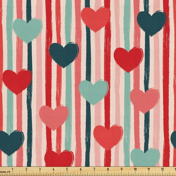 Ambesonne Valentine's Day Fabric by the Yard Upholstery, Pastel Hearts Art, 5 Yards, Scarlet Pale Teal and Blush