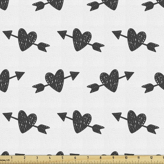 Ambesonne Valentine's Day Fabric by the Yard Upholstery, Scribbled Hearts, 5 Yards, Dark Grey White