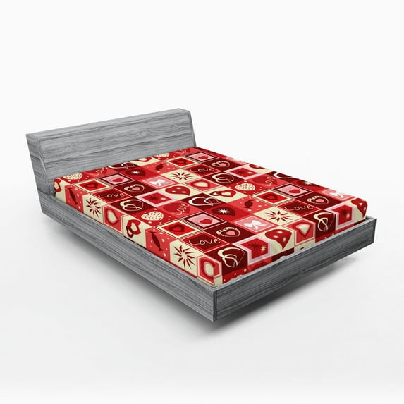 Ambesonne Valentine's Day Fitted Sheet 2 Pcs Set, Valentine Hearts, King, Beige Coral Red