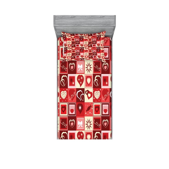 Ambesonne Valentine's Day Fitted Sheet & Pillow Sham Set, Valentine Hearts, Twinxl, Beige Coral Red