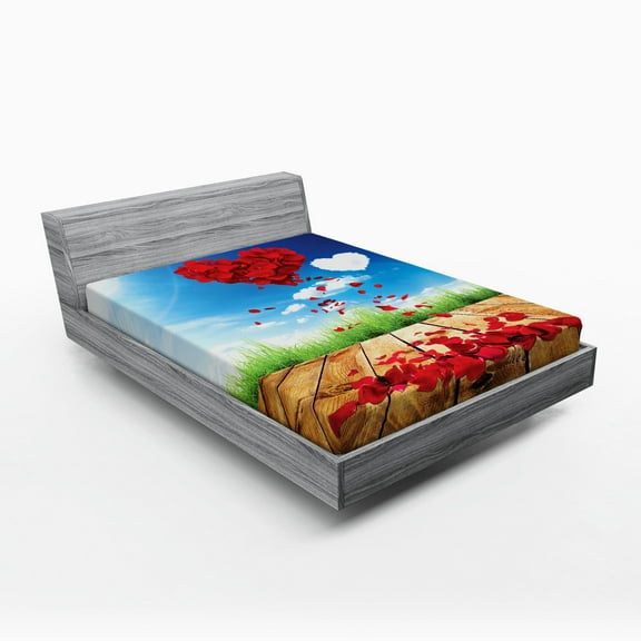 Ambesonne Valentine's Day Fitted Sheet, Rose Leaves Heart, Full Size, Multicolor Vermilion