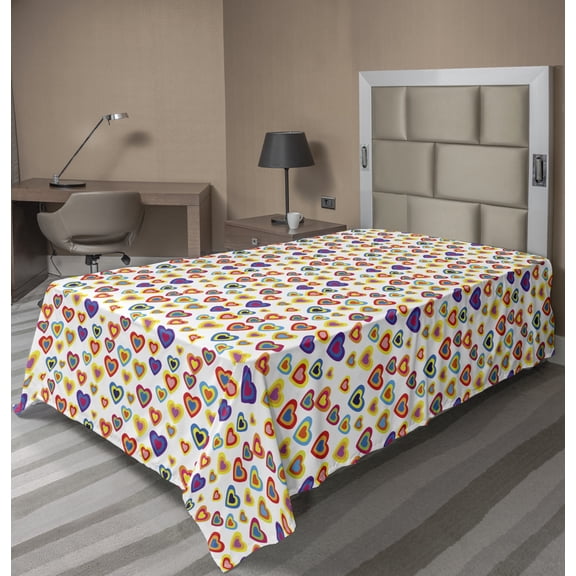 Ambesonne Valentine's Day Flat Sheet, Abstract Hearts, Twin Size, White and Multicolor