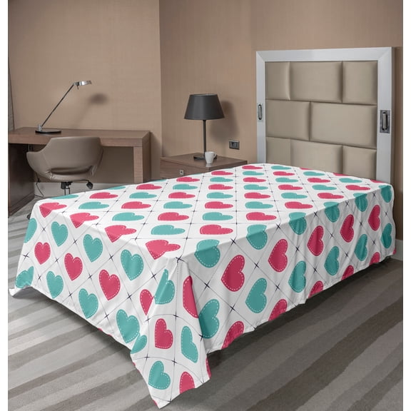 Ambesonne Valentine's Day Flat Sheet, Hearts in Squares, TwinXL Size, Seafoam Dark Coral