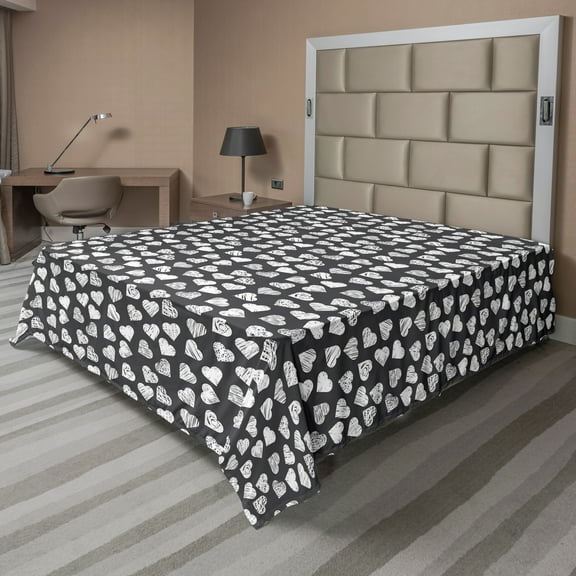 Ambesonne Valentine's Day Flat Sheet, Modern Hearts Art, Queen Size, Dark Blue Grey and White