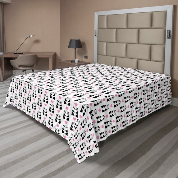 Ambesonne Valentine's Day Flat Sheet, Romantic Pandas, Full Size, Charcoal Grey Pink and White