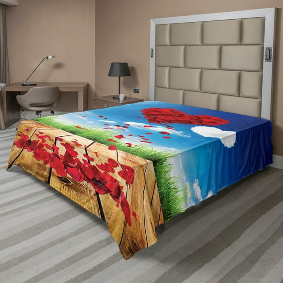 Ambesonne Valentine's Day Flat Sheet, Rose Leaves Heart, King Size, Multicolor Vermilion