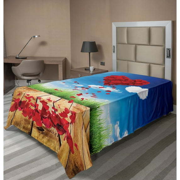 Ambesonne Valentine's Day Flat Sheet, Rose Leaves Heart, Twin Size, Multicolor Vermilion