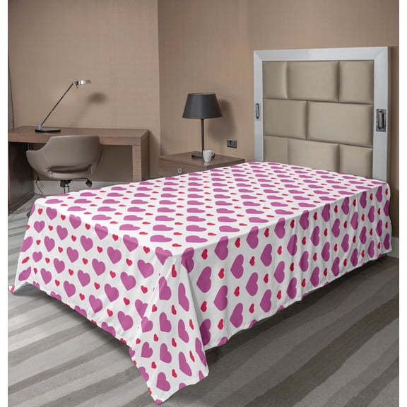 Ambesonne Valentine's Day Flat Sheet, Simplistic Hearts, TwinXL Size, Fuchsia and Dark Pink