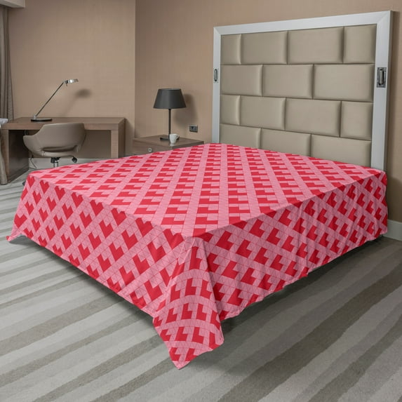 Ambesonne Valentine's Day Flat Sheet, Triangular Hearts, Queen Size, Dark Pink and Pale Pink