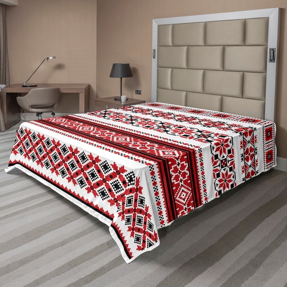 Ambesonne Valentine's Day Flat Sheet, Ukrainian Accents, Full Size, White Black Red