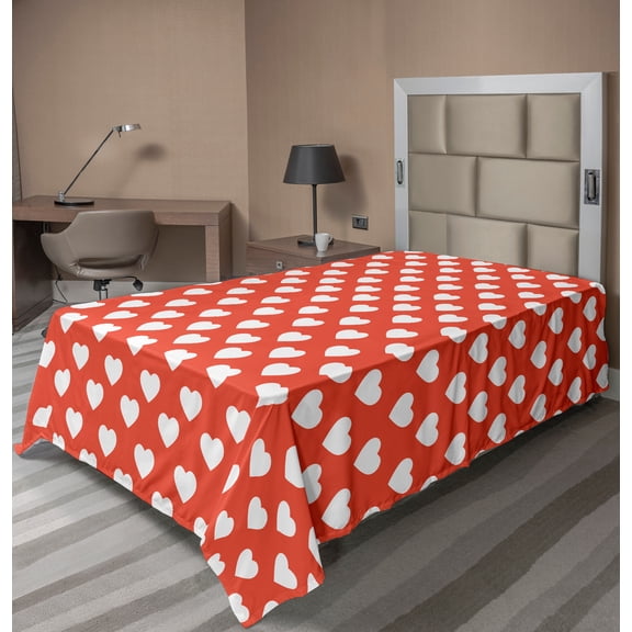 Ambesonne Valentine's Day Flat Sheet, White Hearts Love, Twin Size, Vermilion White
