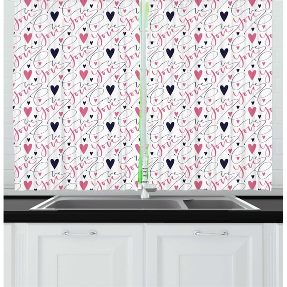 Ambesonne Valentine's Day Kitchen Curtains, Cursive Love You, 55"x45", Dried Rose Navy Blue