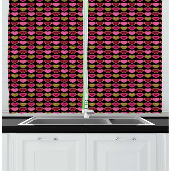 Ambesonne Valentine's Day Kitchen Curtains, Dots and Hearts, 55"x45", Ruby Pink