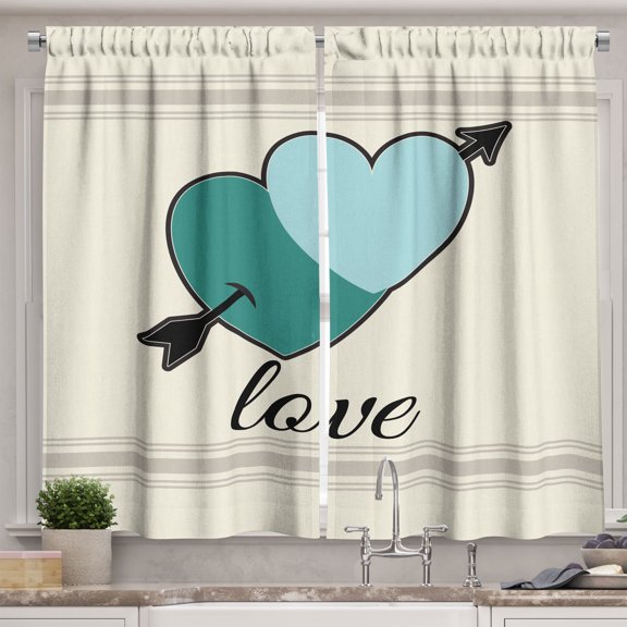 Ambesonne Valentine's Day Kitchen Curtains, Heart with Arrow, 55"x30", Teal Pale Blue Ivory