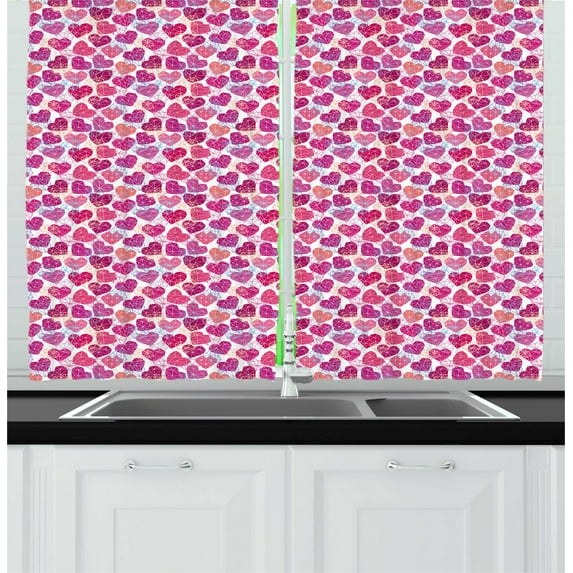 Ambesonne Valentine's Day Kitchen Curtains, Hearts in Geometric, 55"x45", Pink Fuchsia and Salmon