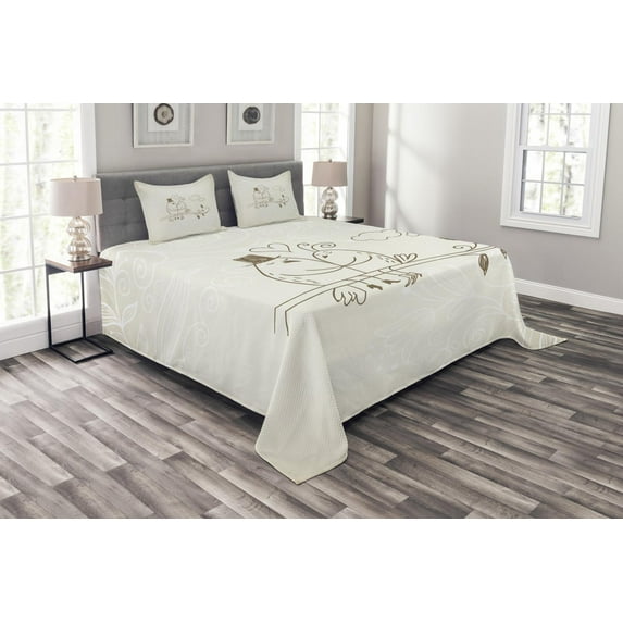 Ambesonne Valentine's Day Quilted Bedspread Set 3 Pcs, 2 Birds Love, Queen Size, Grey White