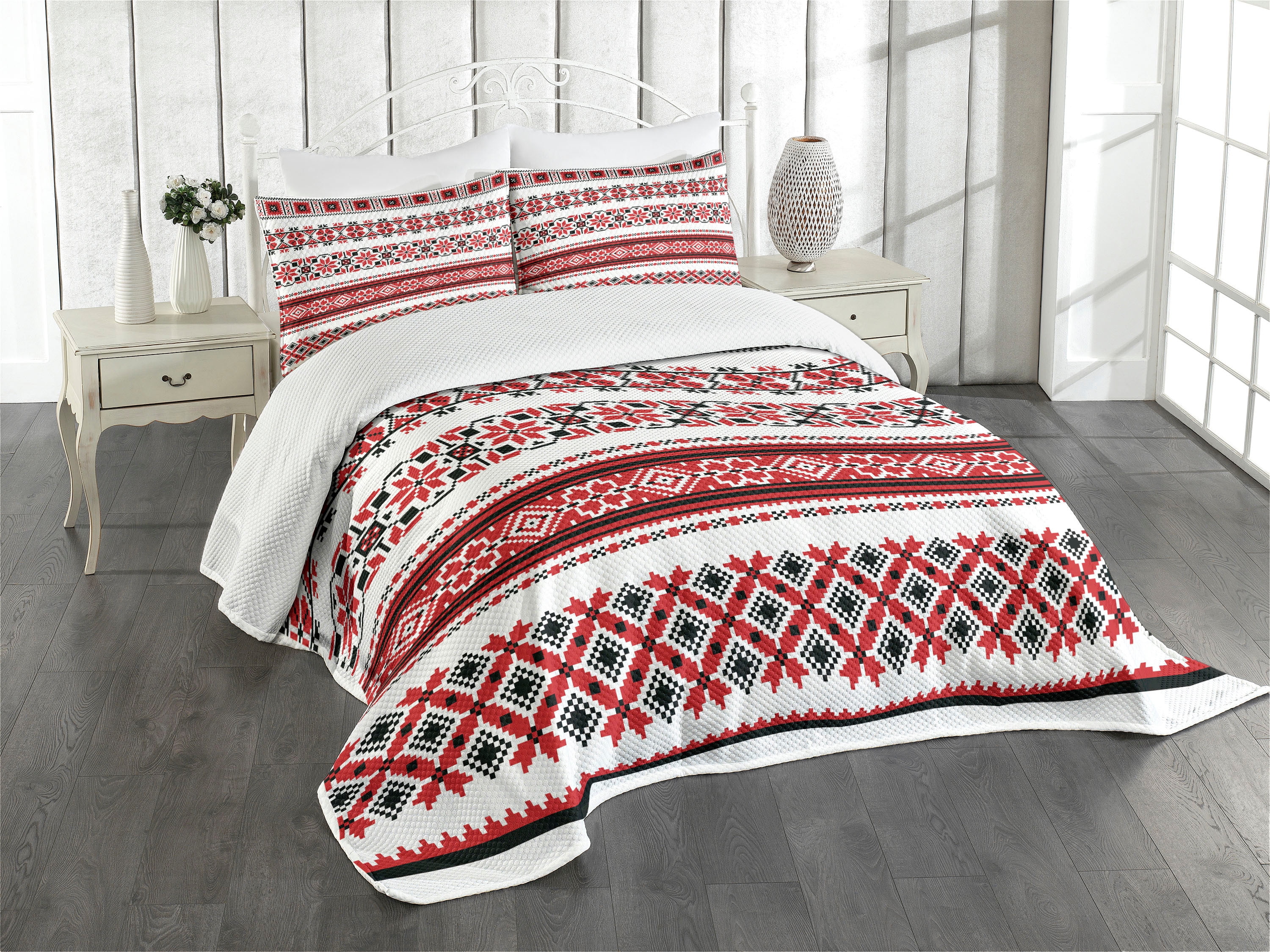 Ambesonne Valentine's Day Quilted Bedspread Set 3 Pcs, Ukrainian Accents,  King Size, White Black Red, image size:3000x2250