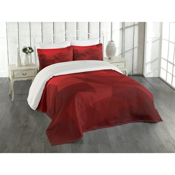 Ambesonne Valentine's Day Quilted Coverlet 2 Pcs, Triangular Mosaic, Twin Size, Scarlet Ruby Red