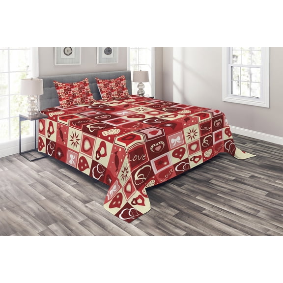 Ambesonne Valentine's Day Quilted Coverlet 3 Pcs, Valentine Hearts, King Size, Beige Coral Red