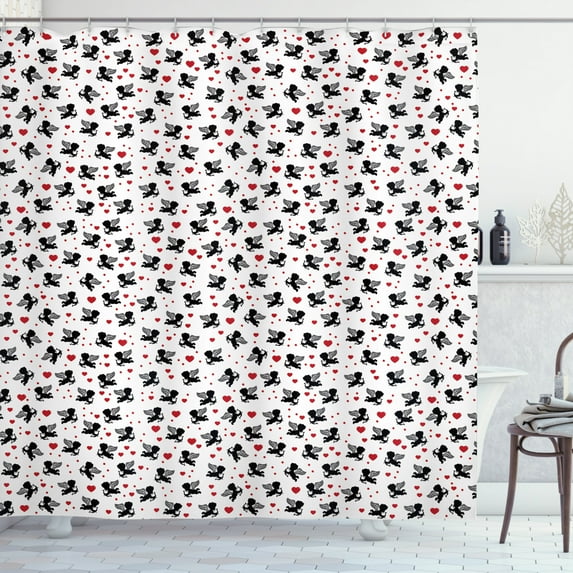 Ambesonne Valentine's Day Shower Curtain, Cupid Angels Hearts, 69"Wx84"L, Charcoal Grey Vermilion