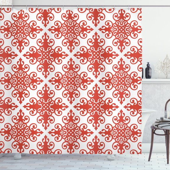 Ambesonne Valentine's Day Shower Curtain, Western Scroll Art, 69"Wx84"L, White Red