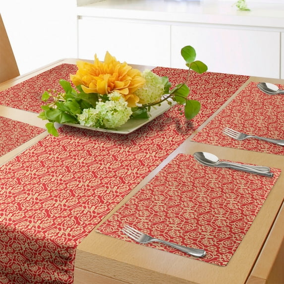 Ambesonne Valentine's Day Table Runner & Placemats, Chinese Blossoms, Placemat 4 pcs + Runner 14"x90", Vermilion Beige