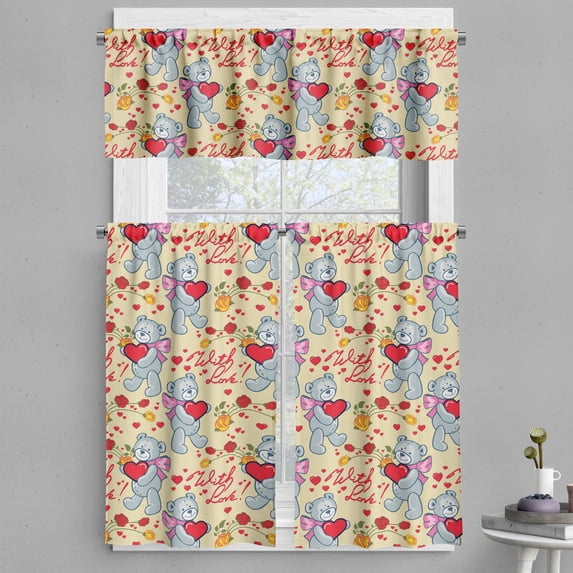 Ambesonne Valentine's Day Valance & Curtain, Bears Hearts, 55"x30", Multicolor