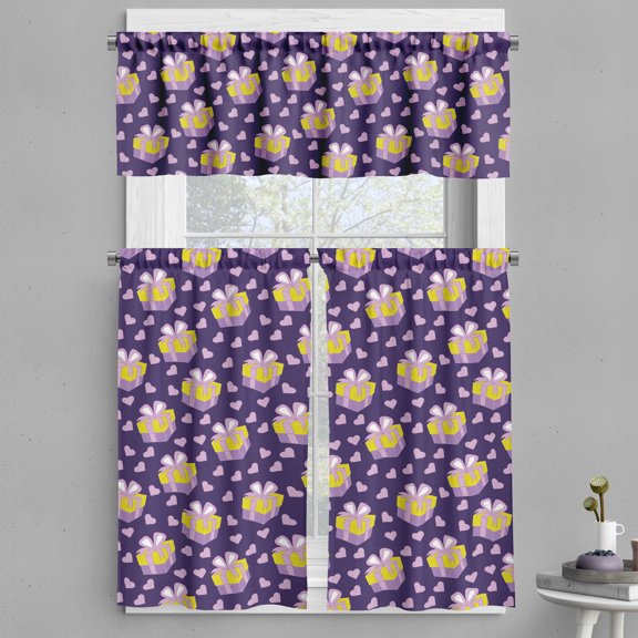 Ambesonne Valentine's Day Valance & Curtain, Gift Boxes Hearts, 55"x45", Earth Yellow and Pale Purple