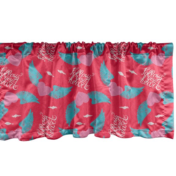 Ambesonne Valentine's Day Window Valance, Follow Your Heart Lettering with Winged Hearts Romantic Lover, Curtain Valance for Kitchen Bedroom Decor with Rod Pocket, 54" X 18", Sky Blue Pink Dark Coral