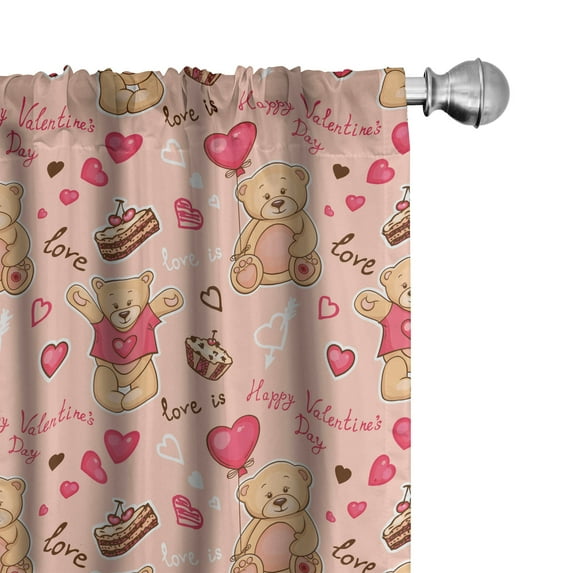 Ambesonne Valentines Window Curtains, Bear Cake Balloon, Each 28" W x 84" L, Coral Brown Peach