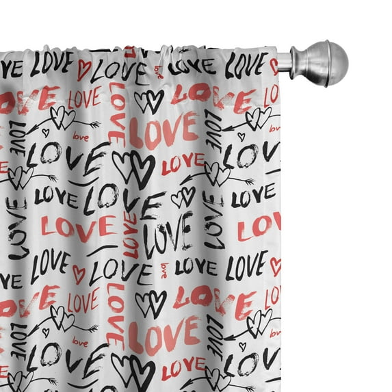 Ambesonne Valentines Curtains, Hand Drawn Doodle, Pair of 28"x84", Black Red White