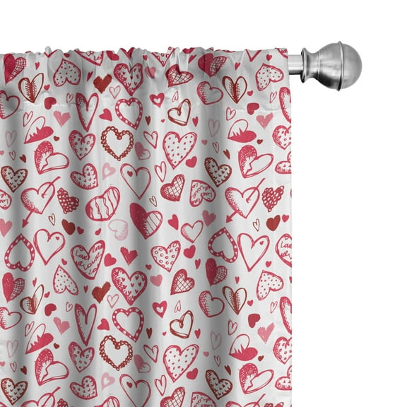 Ambesonne Valentines Curtains, Sketch Style Hearts, Pair of 28"x95", Ruby Pink White