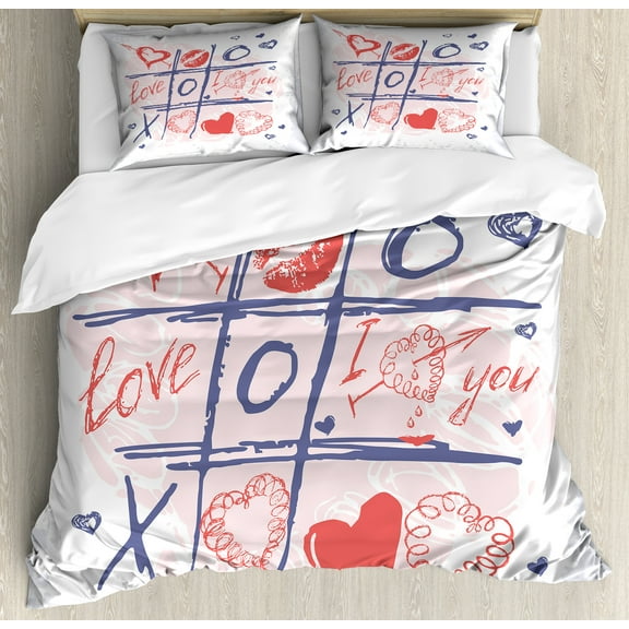 Ambesonne Valentines Day Duvet Cover Set, Xoxo Game with Lips, Queen, Blue Red and White