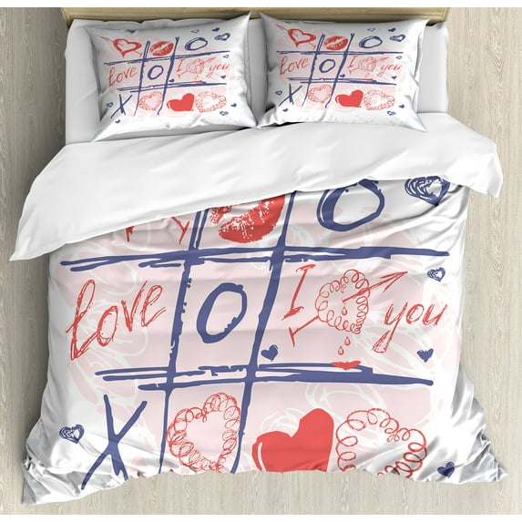 Ambesonne Valentines Day Duvet Cover Sets, Xoxo Game with Lips, 2-King, Blue Red and White