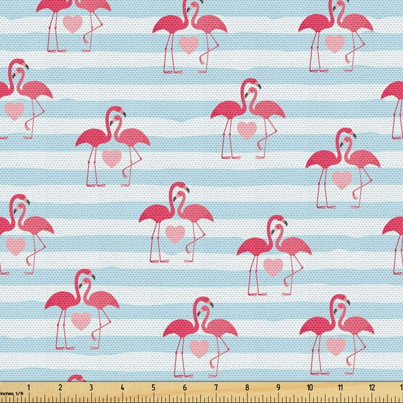 Ambesonne Valentines Day Fabric by the Yard Upholstery, Couple of Flamingos, 1 Yard, Dark Coral Pale Blue