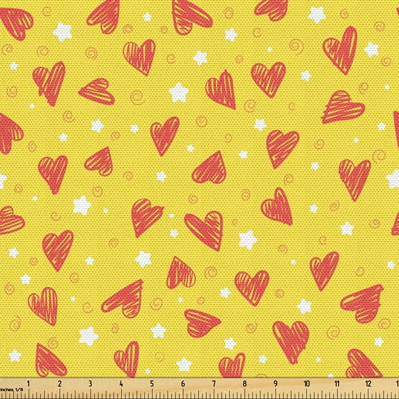 Ambesonne Valentines Day Fabric by the Yard Upholstery, Hearts Stars Swirls, 5 Yards, Burnt Sienna and Mustard