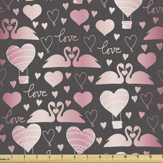Ambesonne Valentines Day Fabric by the Yard Upholstery, Love Swans Hearts, 2 Yards, Taupe Grey Pink