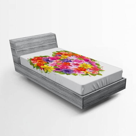 Ambesonne Valentines Day Fitted Sheet, Flower Rose Leaf, Twin XL Size, Multicolor