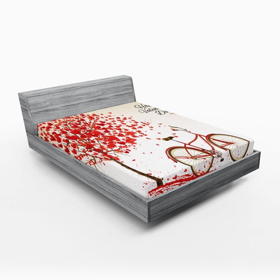 Ambesonne Valentines Day Fitted Sheet, Heart Tree Bike, Queen Size, Cream Vermilion