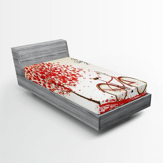 Ambesonne Valentines Day Fitted Sheet, Heart Tree Bike, Twin XL Size, Cream Vermilion