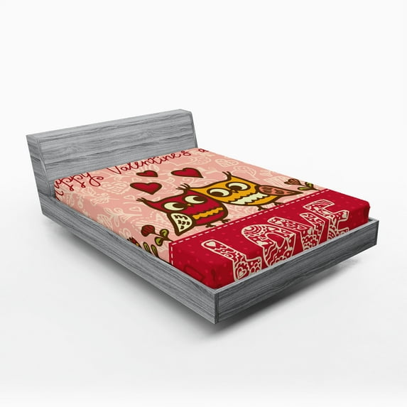 Ambesonne Valentines Day Fitted Sheet, Owls Love Heart, California King, Pink Red Yellow