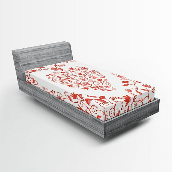 Ambesonne Valentines Day Fitted Sheet, Paisley Design, Twin XL Size, Red