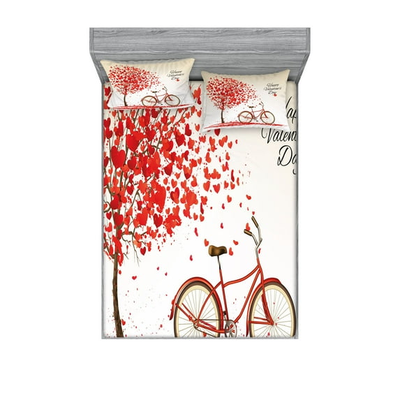 Ambesonne Valentines Day Fitted Sheet & Pillow Sham Set, Heart Tree Bike, Full, Cream Vermilion