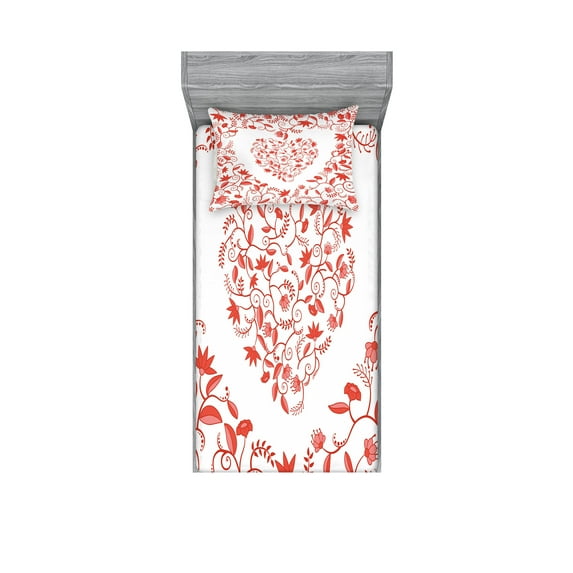 Ambesonne Valentines Day Fitted Sheet & Pillow Sham Set, Paisley Design, Twinxl, Red