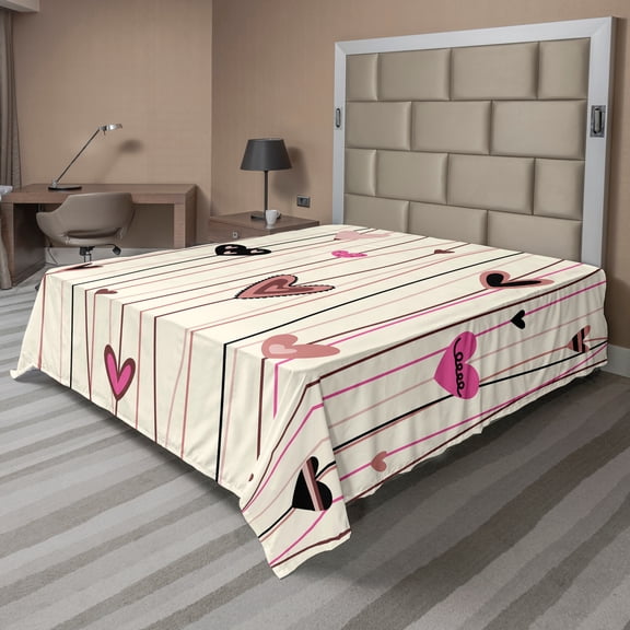 Ambesonne Valentines Day Flat Sheet, Heart Love Theme, California King, Black Coral and Pink