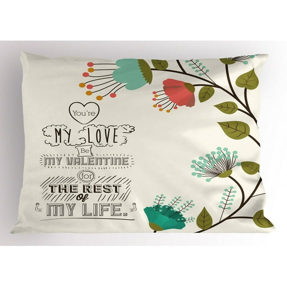 Ambesonne Valentines Day Pillow Sham, Flower with Leaf, 36" X 20", Multicolor